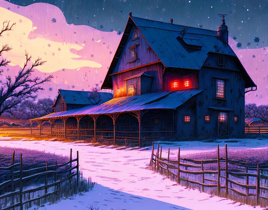 Twilight barn illustration in snowy landscape & starry sky