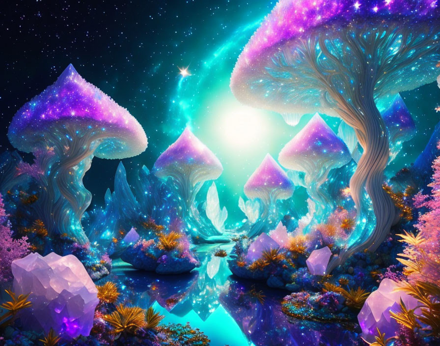 Vivid Landscape: Glowing Mushroom Trees, Starry Sky, Crystal River