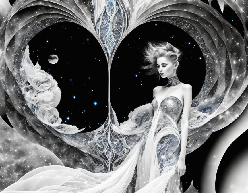 Ethereal woman in white celestial gown with cosmic heart backdrop