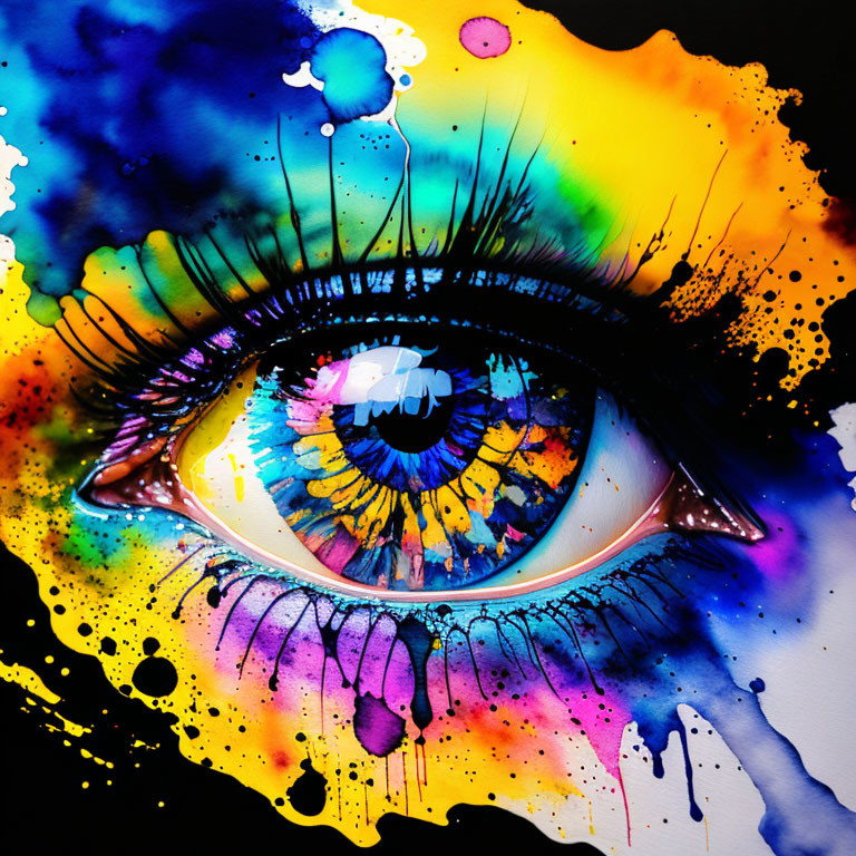 Colorful watercolor eye painting with blue, yellow, and pink splashes