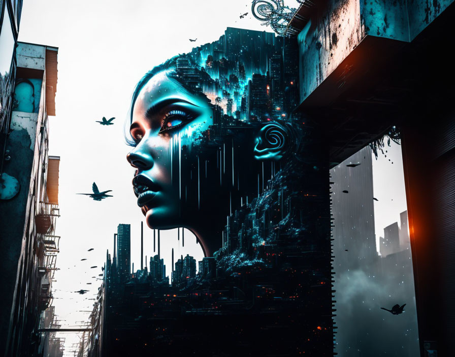 Surrealist female portrait with cityscape merging, birds in moody sky