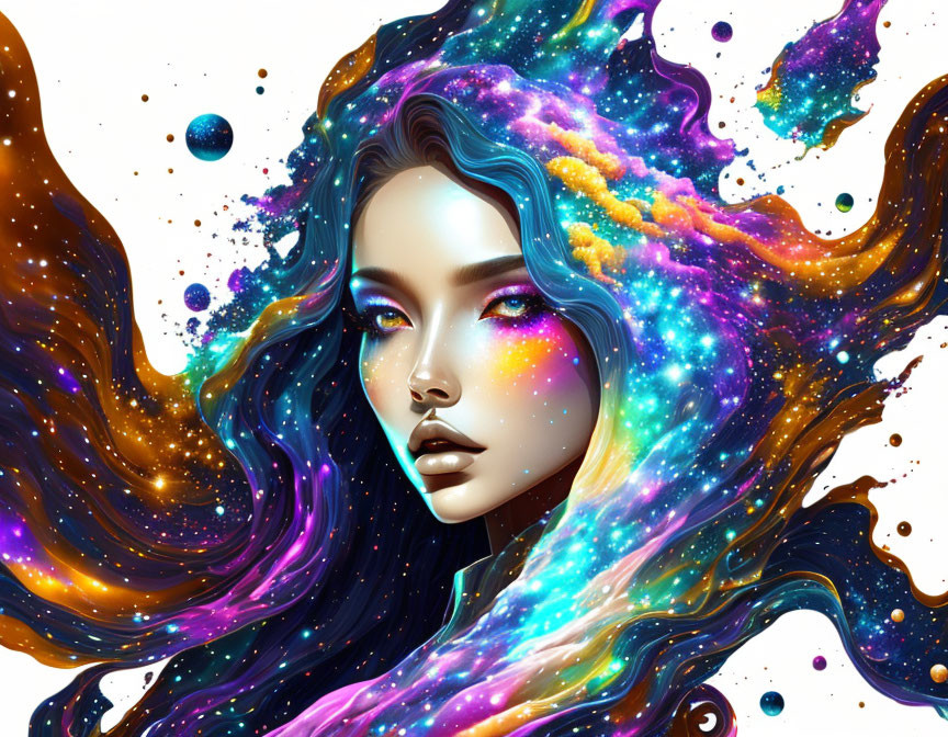 Cosmic-themed digital artwork of a woman with galaxy hair.