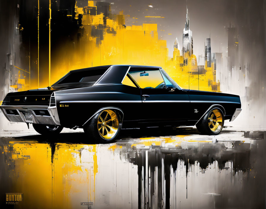 Classic Black Muscle Car with Yellow Accents Against Abstract City Skyline Backdrop