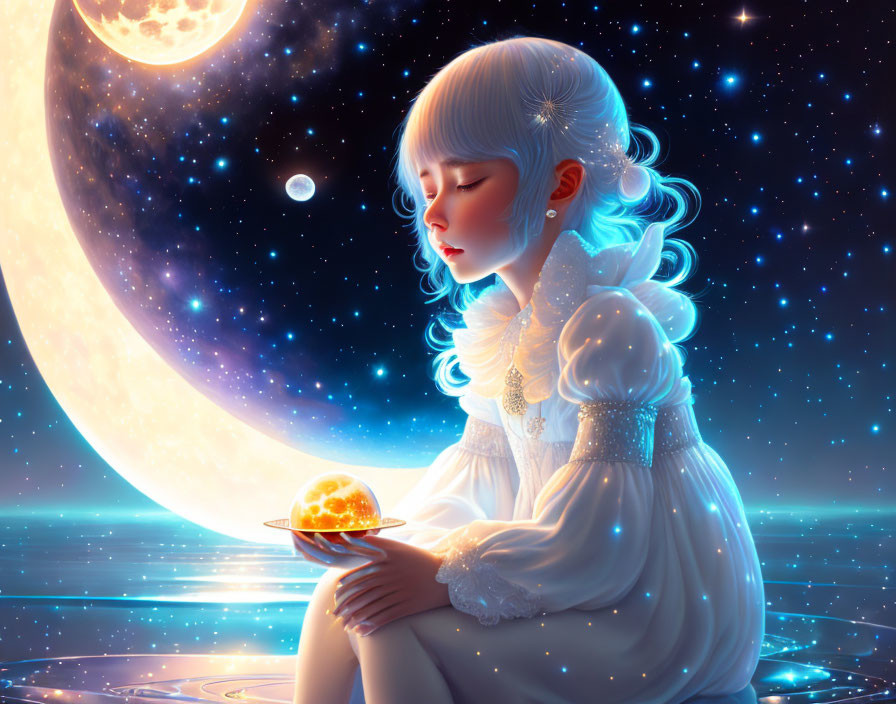 Serene girl with pale blue hair holding glowing orb in cosmic setting