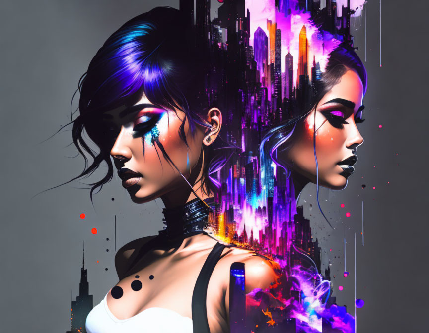 Futuristic digital art: Woman with cityscape profile, neon colors.