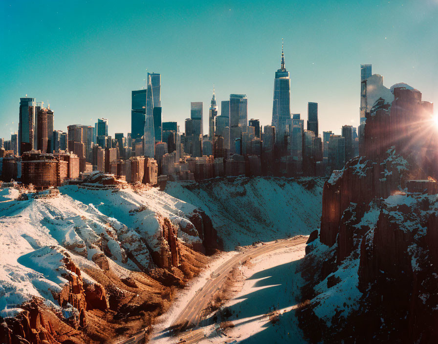 Surreal cityscape merges snowy mountains with modern skyline