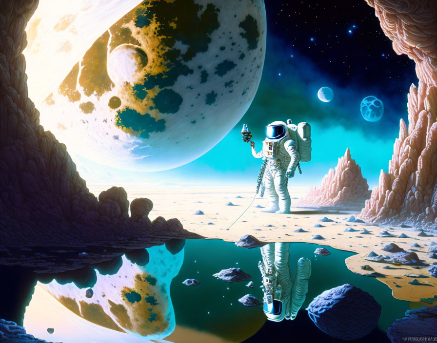 Astronaut on alien planet with towering rocks and large moon reflected in water