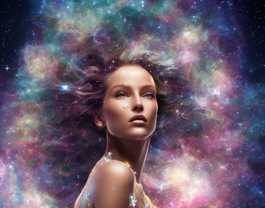 Portrait of Woman with Hair Blending into Cosmic Nebula