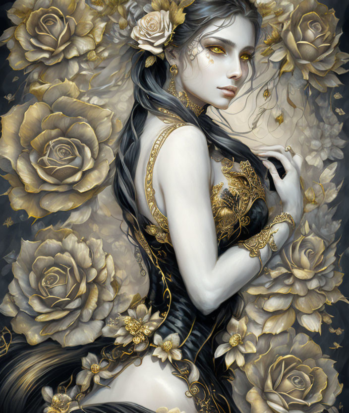 Fantasy illustration of pale-skinned woman in black and gold attire with golden roses.