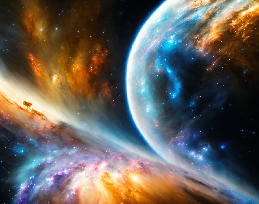 Colorful space scene with large planet and swirling galaxies in oranges, blues, and purples