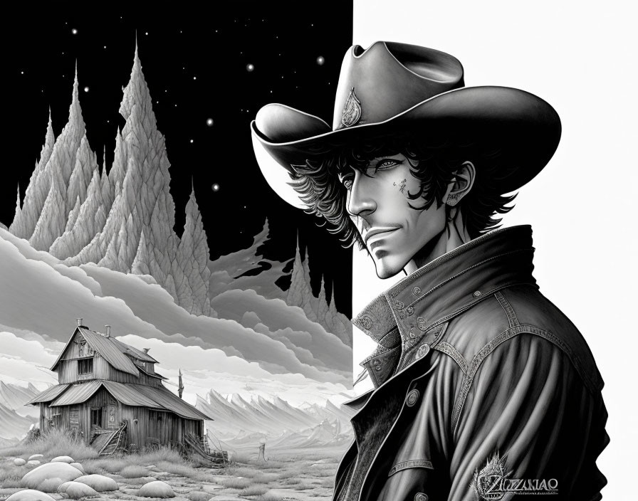 Stoic cowboy in profile with snowy landscape and starry sky