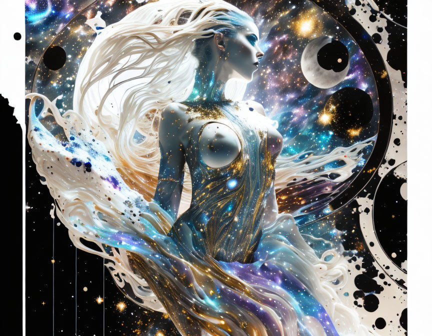 Cosmic female figure with flowing hair and dress adorned with stars and celestial bodies against space backdrop with planets