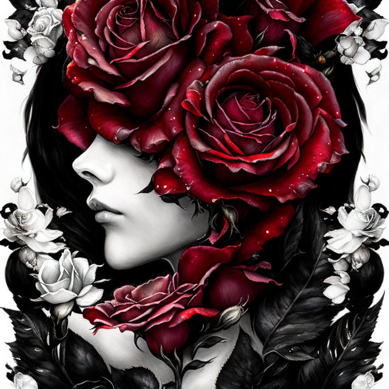 Monochrome Woman Portrait with Red Roses and Feathers