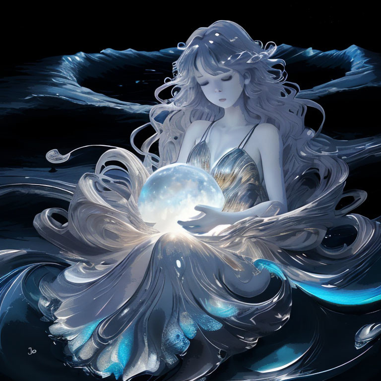 Serene woman with glowing orb in dark water and luminous petals