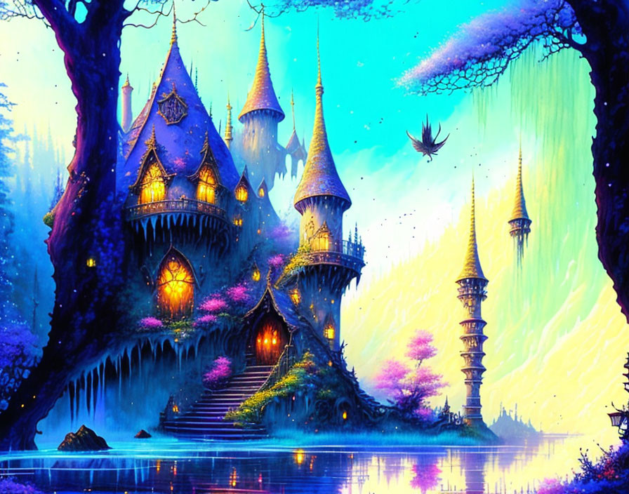 Fantasy castle with spires in enchanted forest with waterfall