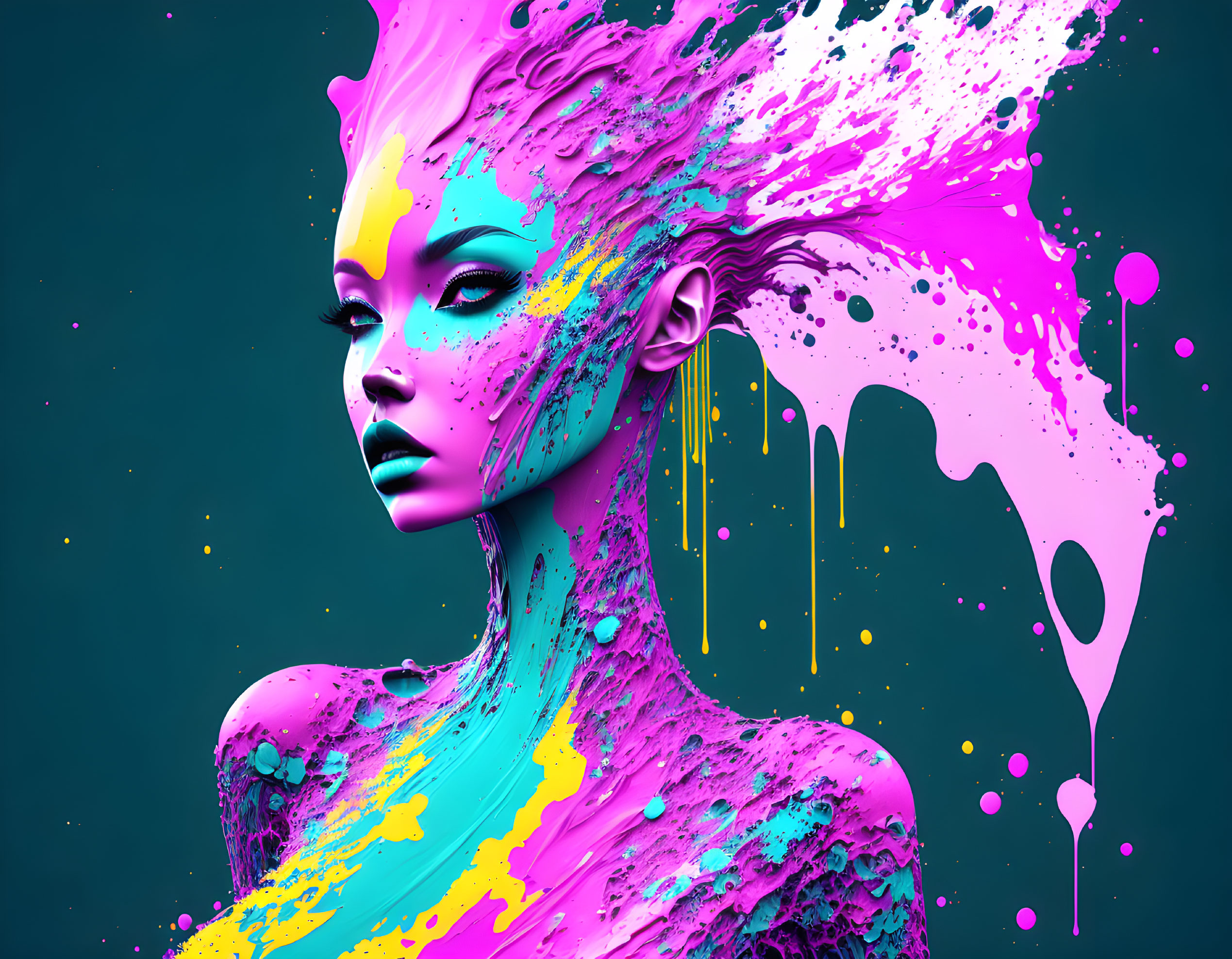 Colorful digital artwork: Female figure in neon pink and blue paint effects on dark teal background