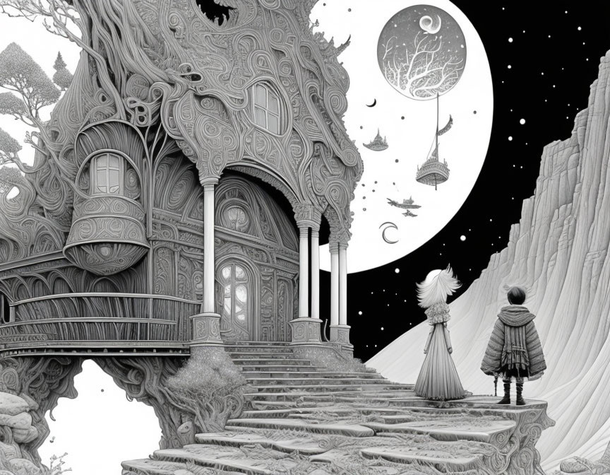 Monochrome fantasy illustration of person at ornate treehouse