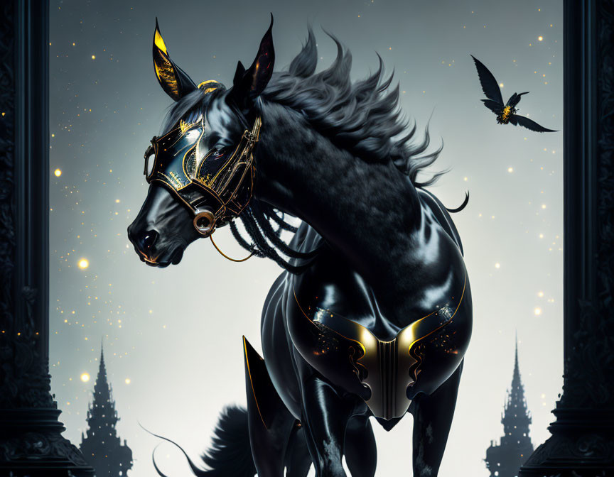 Black horse in golden armor against night backdrop