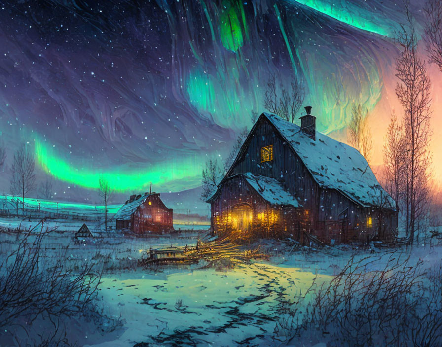 Snowy landscape with cozy cabin and green auroras at night