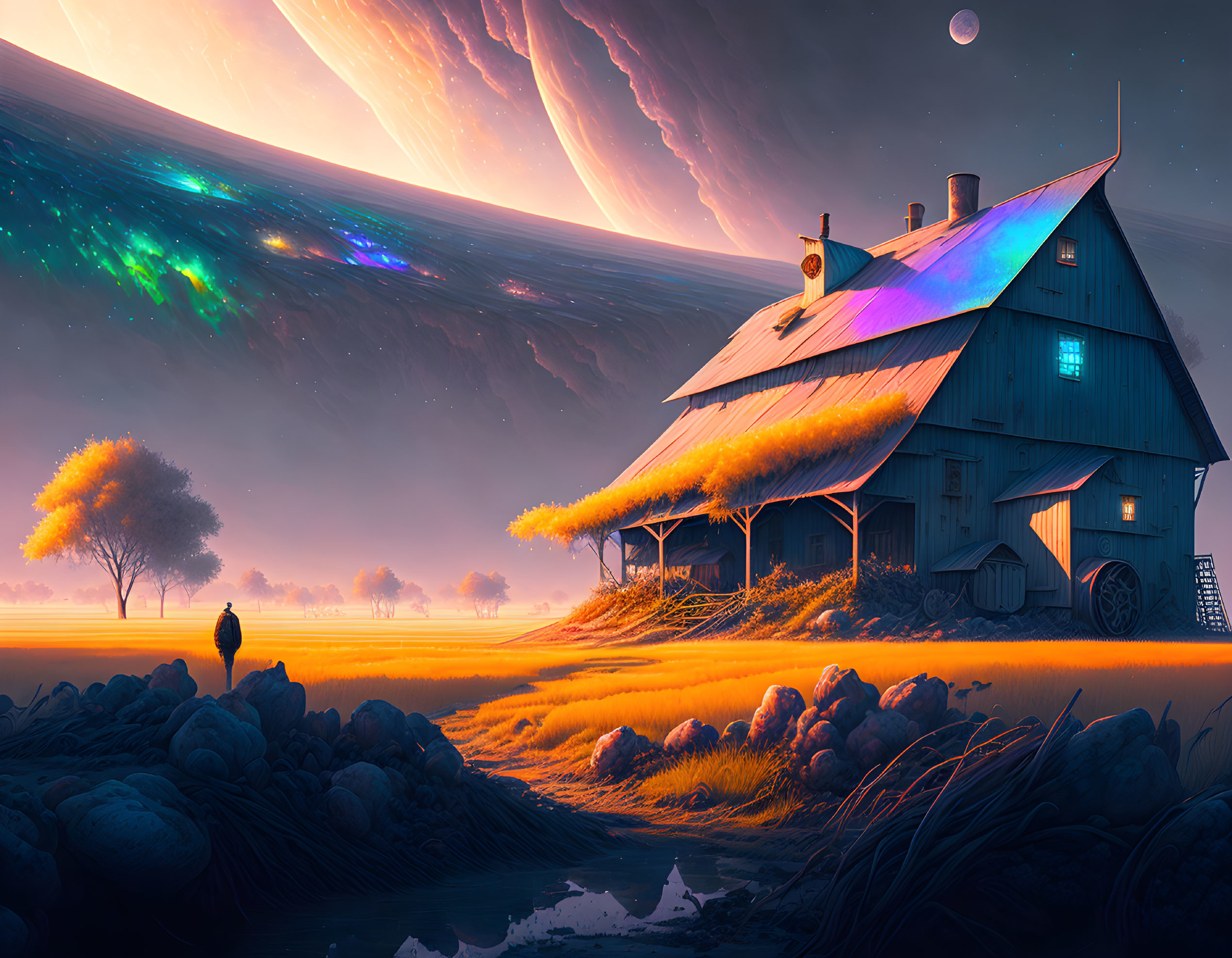 Surreal landscape with barn and cosmic sky, lone figure and glowing foliage