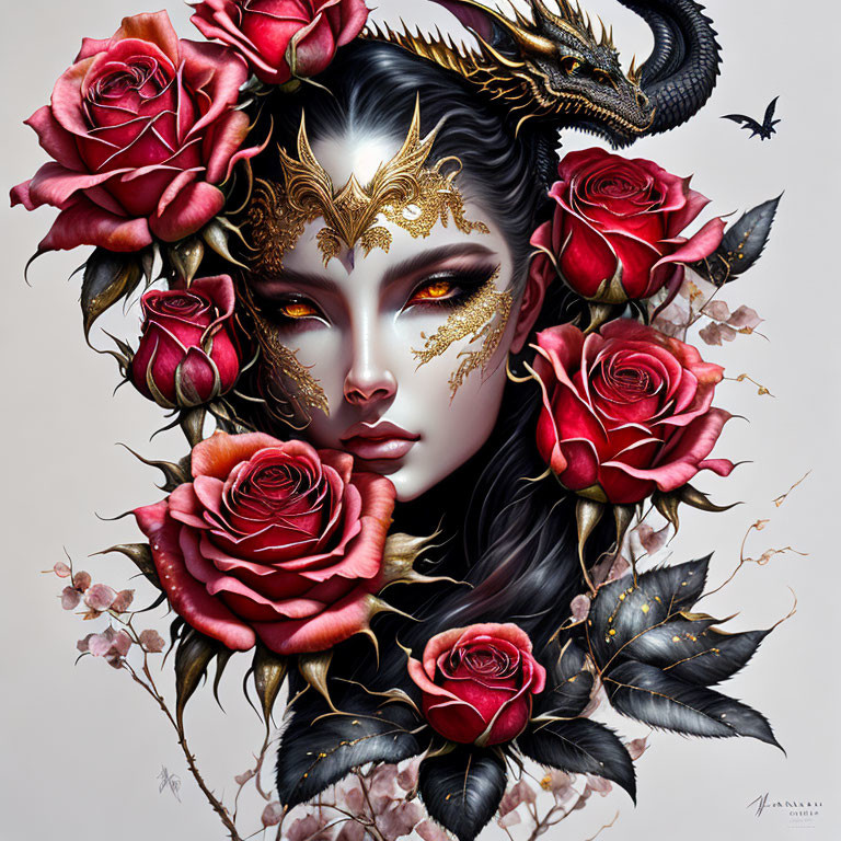 Woman with gold makeup and black dragon among red roses on neutral background