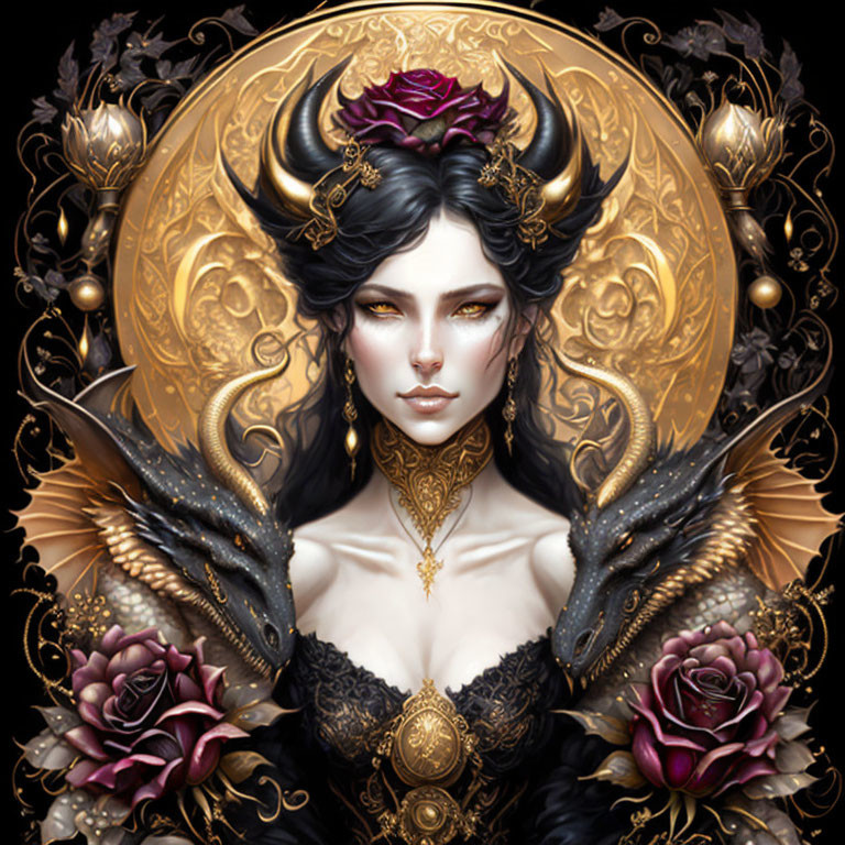 Fantasy illustration of a woman with pale skin, black hair, and golden headdress with horns,