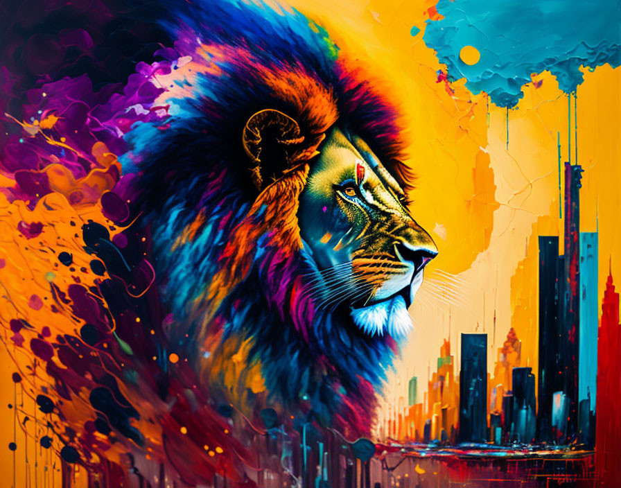 Colorful Lion Artwork Merging with Abstract Cityscape