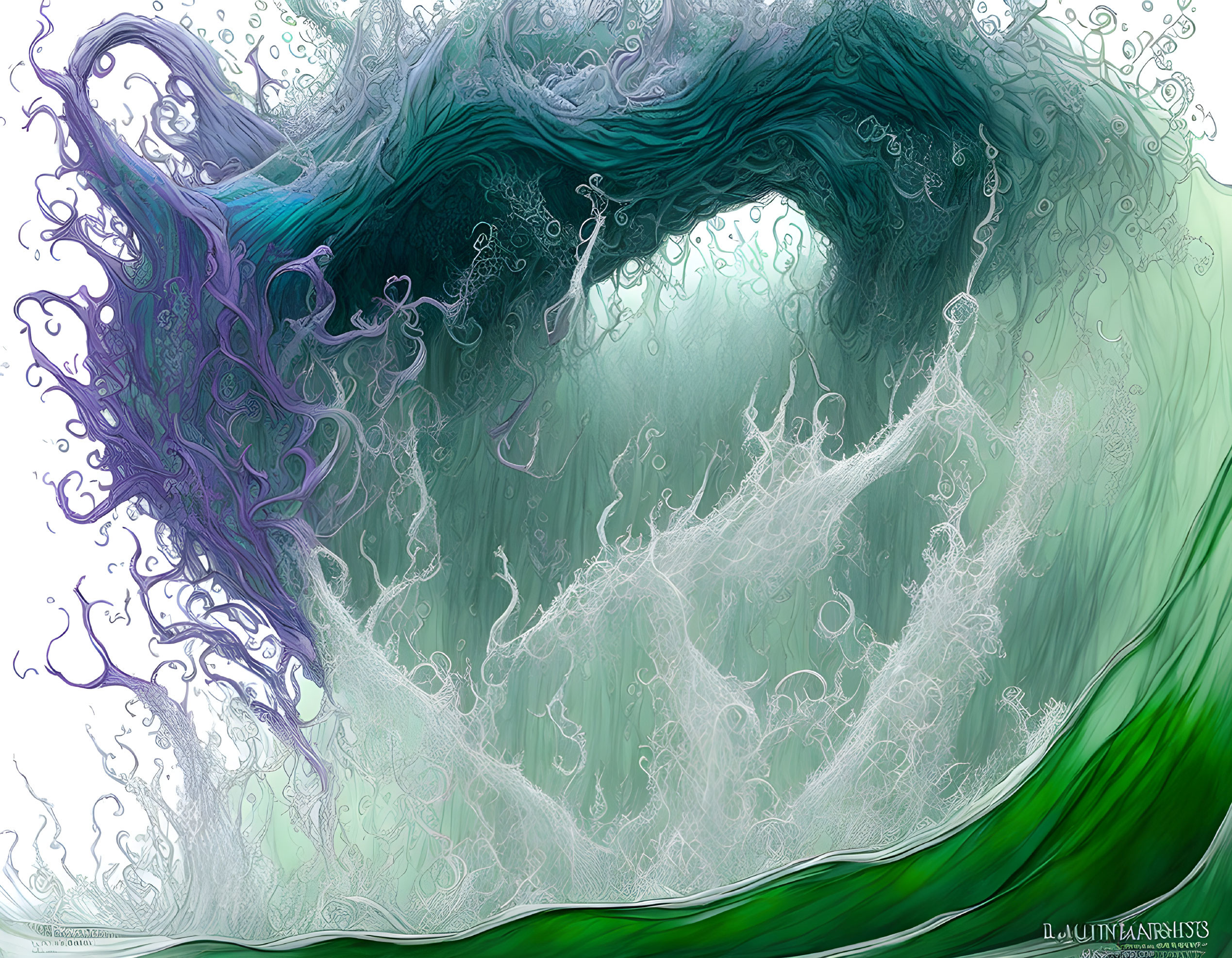 Intricate green, teal, and white wave digital artwork