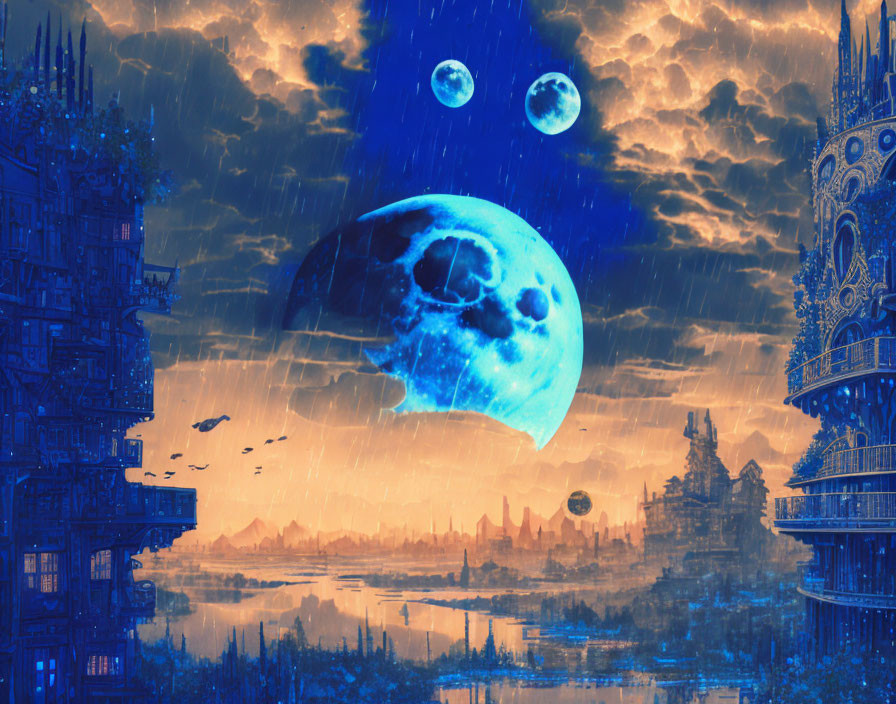 Futuristic cityscape with blue moon, stormy sky, and flying crafts