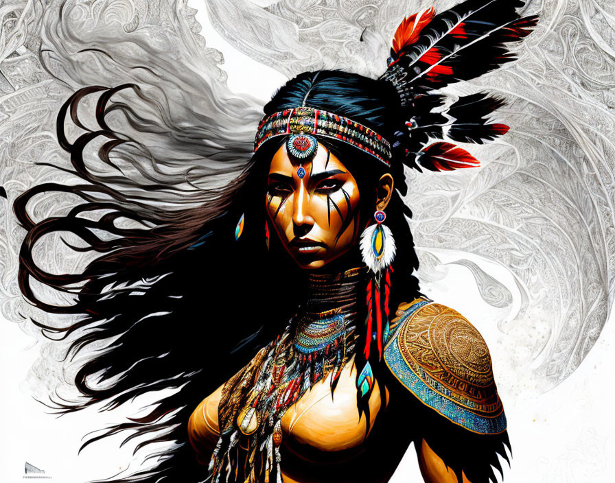 Fierce woman in indigenous attire with feathered headdress