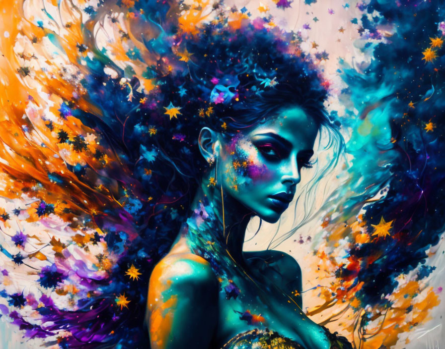 Colorful artistic depiction of woman with cosmic hair and dynamic brush strokes