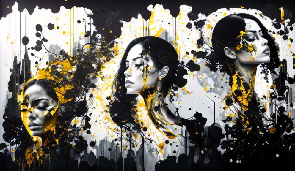 Monochrome Female Portraits with Yellow Splashes on Black and White Background