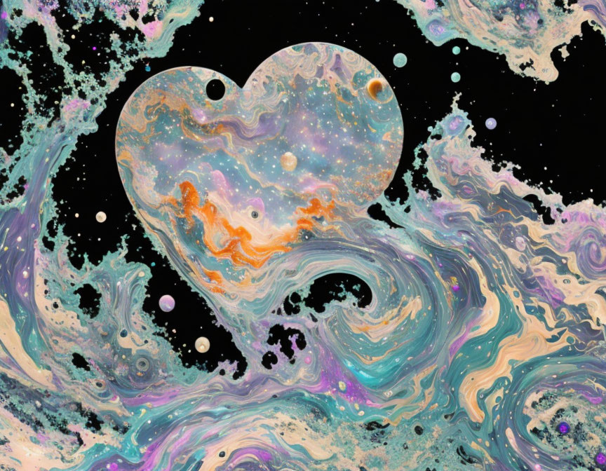 Vibrant heart-shaped nebula pattern with cosmic swirls on black background