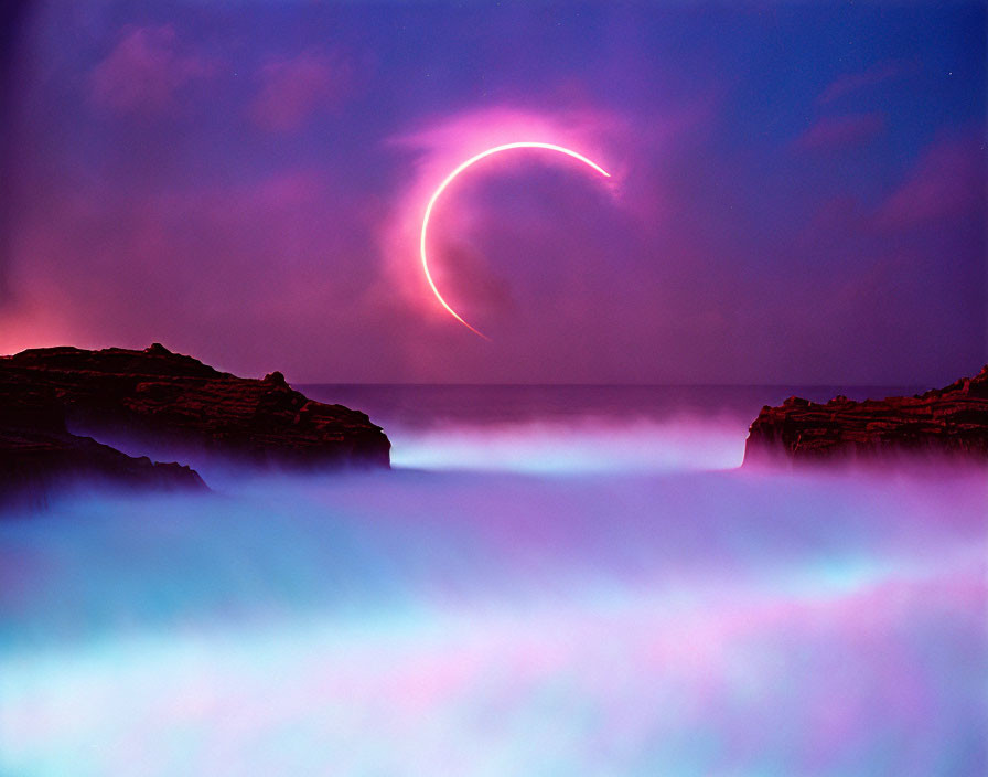 Colorful landscape with crescent solar eclipse over ocean waves