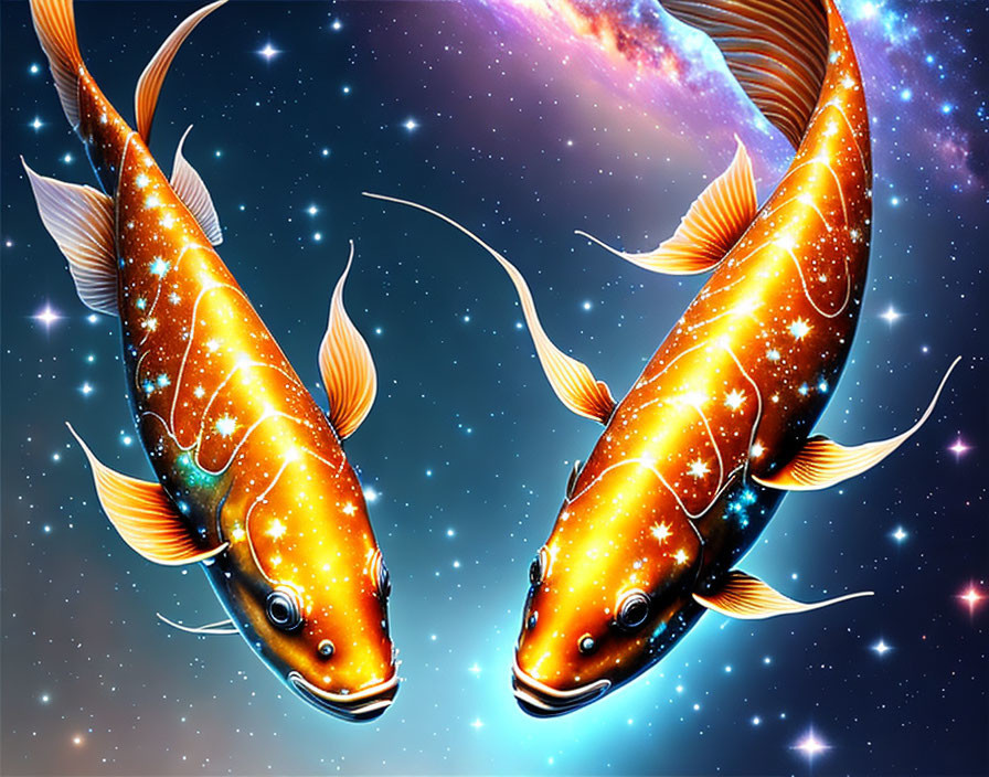 Vibrant celestial koi fish in cosmic setting