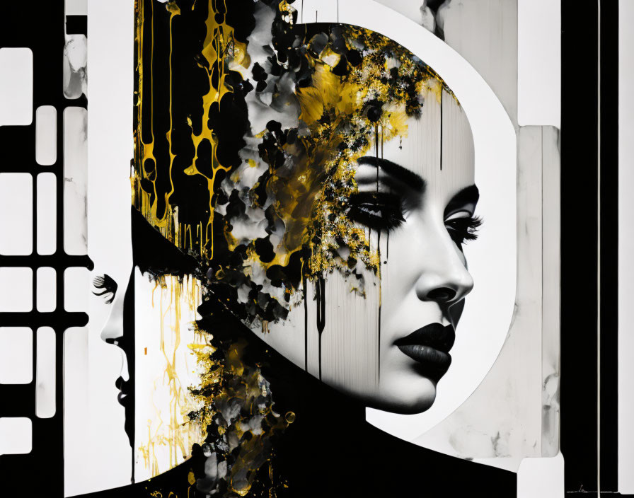 Monochromatic portrait of a woman with black and gold abstract patterns on geometric background