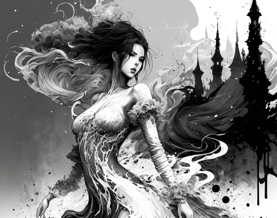 Monochromatic fantasy artwork: woman with flowing hair and dress, misty castle silhouette.