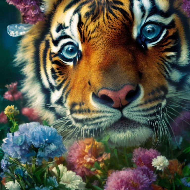 Close-Up Tiger Face with Vibrant Blue Eyes Among Colorful Flowers