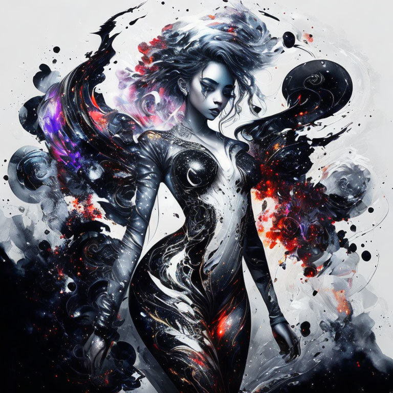 Colorful digital artwork of a woman with dynamic swirls.