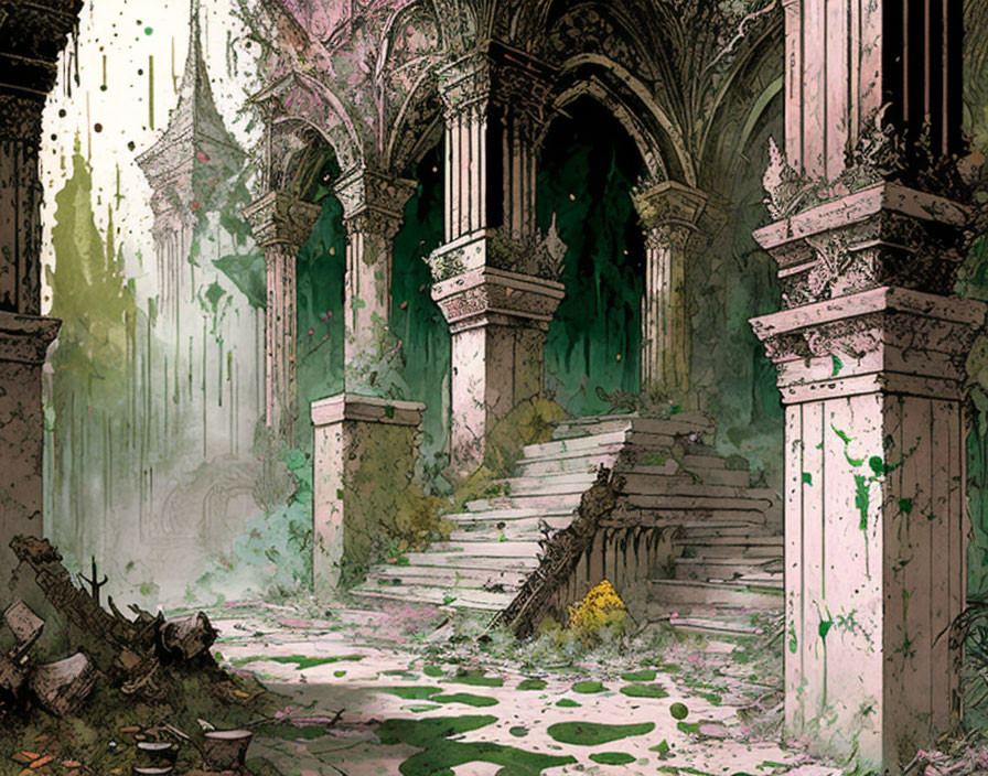 Dilapidated Gothic cathedral interior with overgrown vegetation and debris.