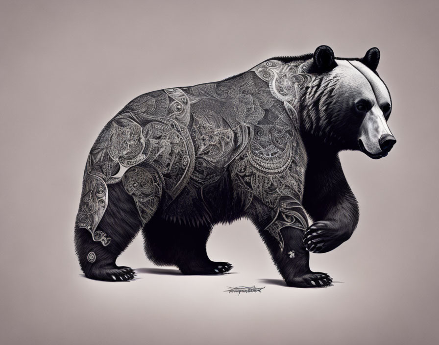 Intricately patterned bear illustration on neutral backdrop