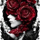 Monochrome Woman Portrait with Red Roses and Feathers