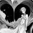 Ethereal woman in white celestial gown with cosmic heart backdrop