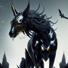 Black horse in golden armor against night backdrop