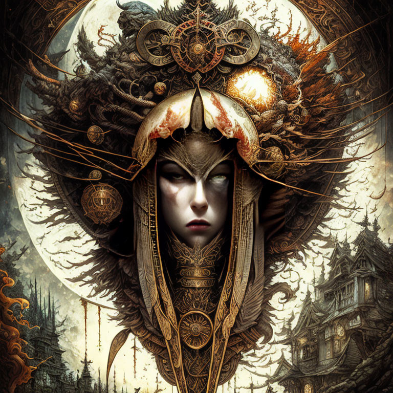 Fantasy portrait featuring female figure with ornate headdress elements