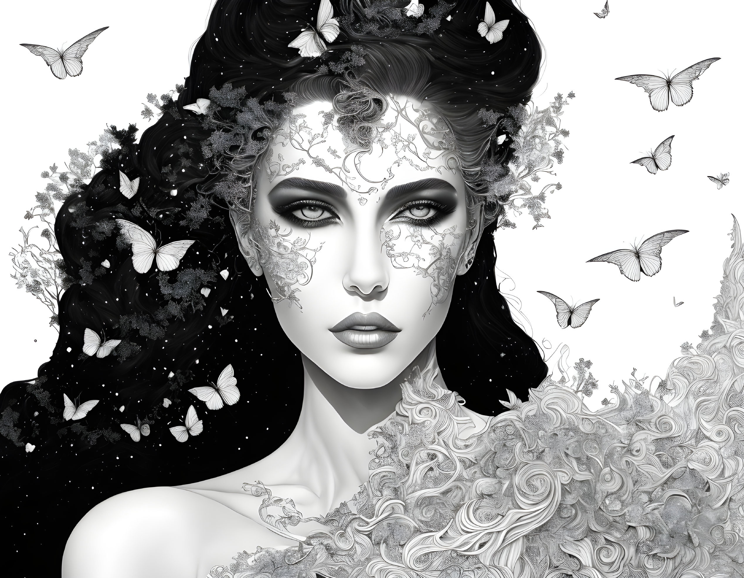 Detailed monochromatic woman illustration with lacy patterns, butterflies, floral, and cosmic elements.