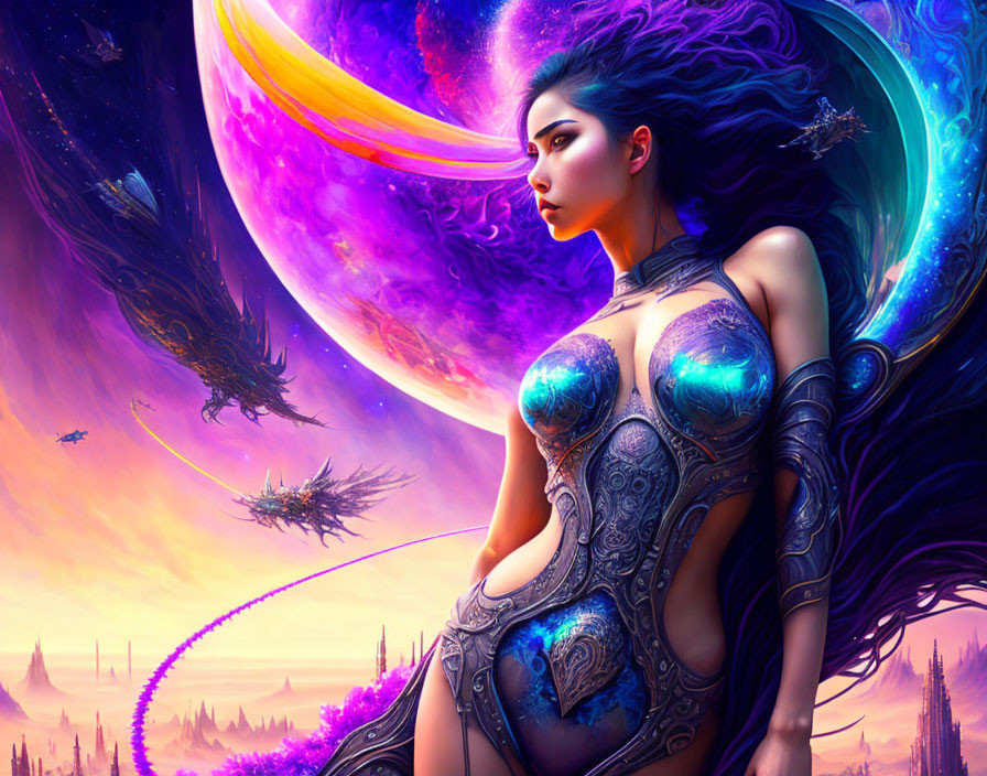 Illustration of armored woman in cosmic fantasy scene