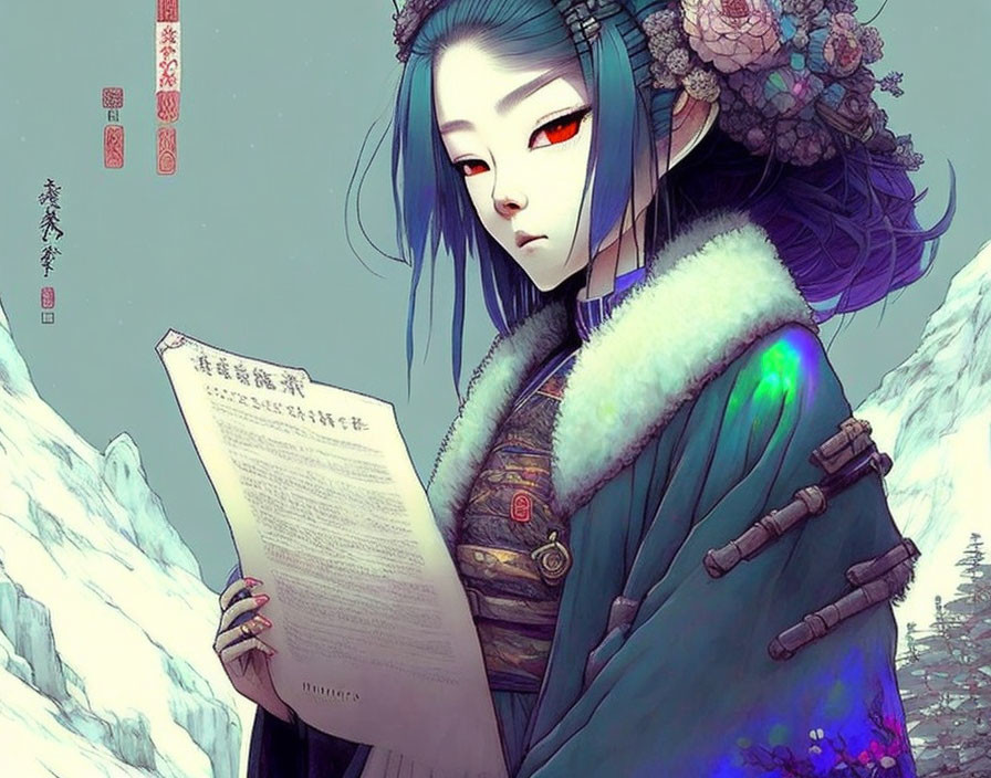 Illustration of person with blue hair and red eyes reading a scroll, flowers, snowy mountain.