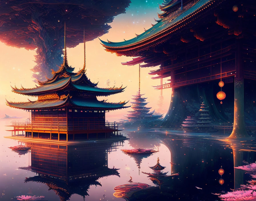 Traditional Asian architecture with cherry blossoms and lanterns by reflective water