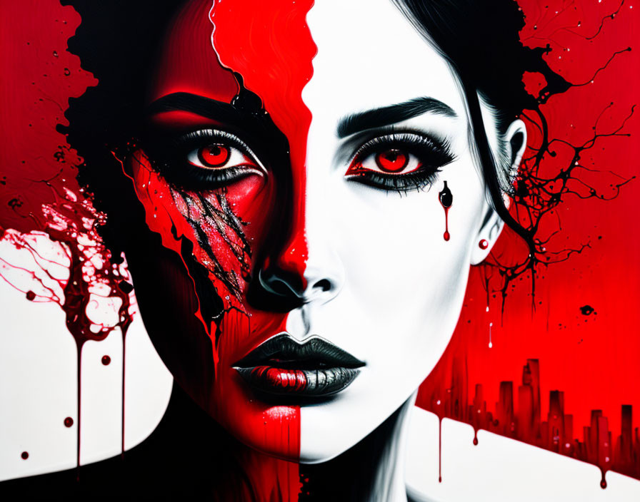 Digital artwork: Woman with half face in red paint